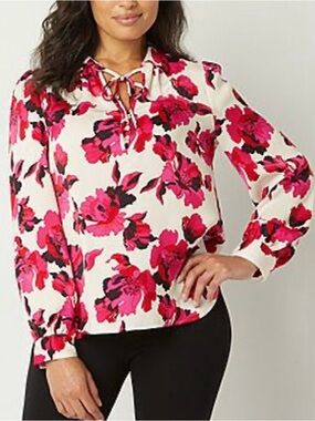 Liz Claiborne long sleeve pink floral blouse size M NWT